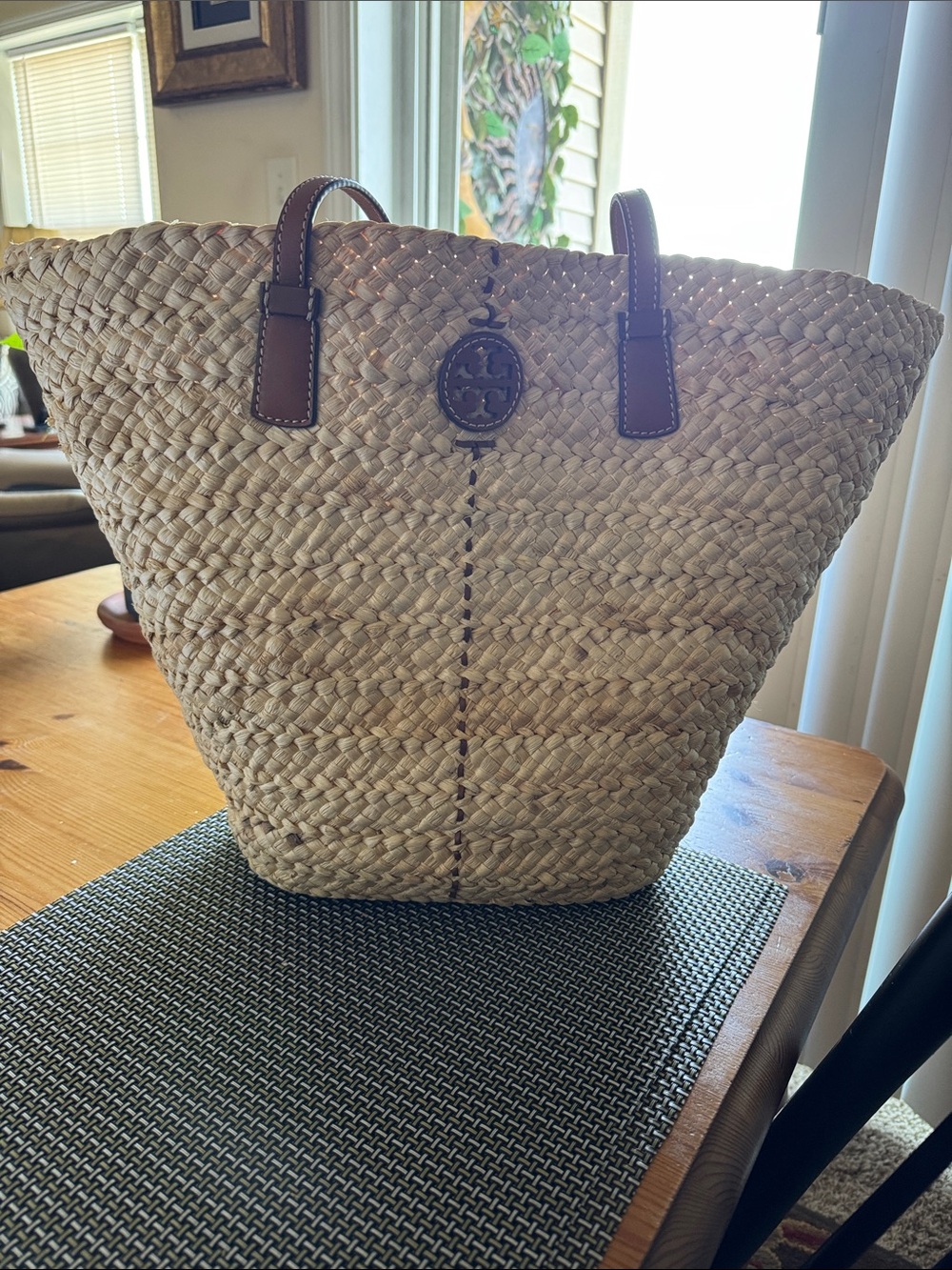 Tory Burch Natural Straw Tote with Brown Leather Trim and Logo